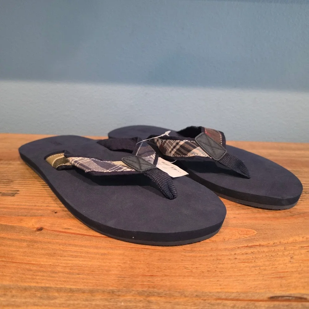 J.Crew Mens Flip Flops Navy Blue Plaid Fabric Strap Sandals Size 11